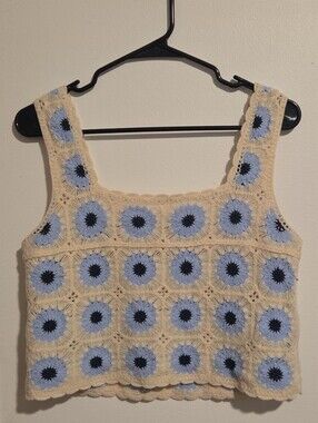 Rebellion Crochet Square Floral Crop Top - Cream, Light Blue, Navy Blue